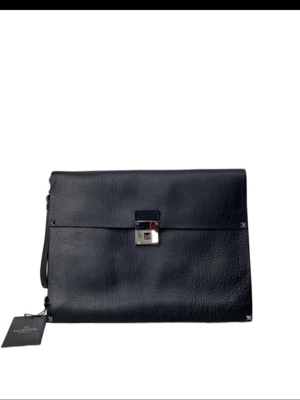 Valentino Garavani Black Leather Wristlet Clutch with Stud Accents
